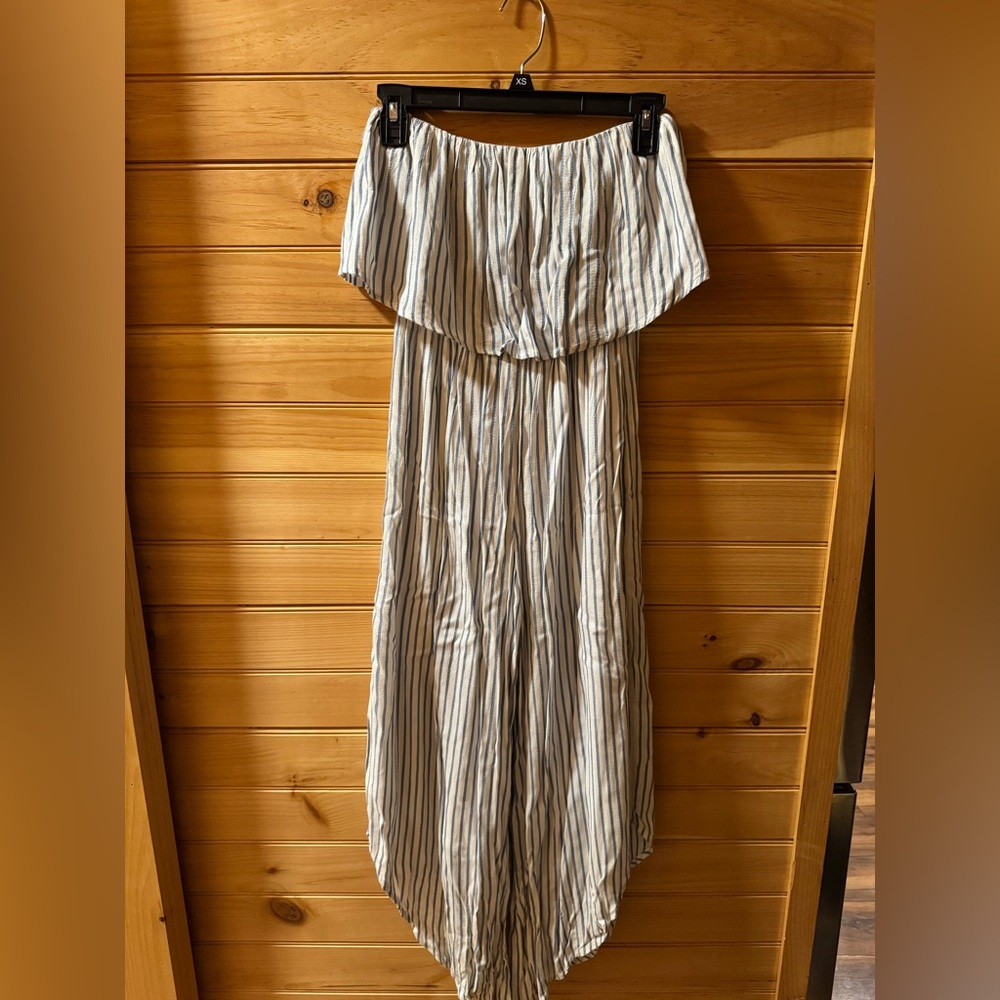 White and Blue Striped Strapless Jumpsuit